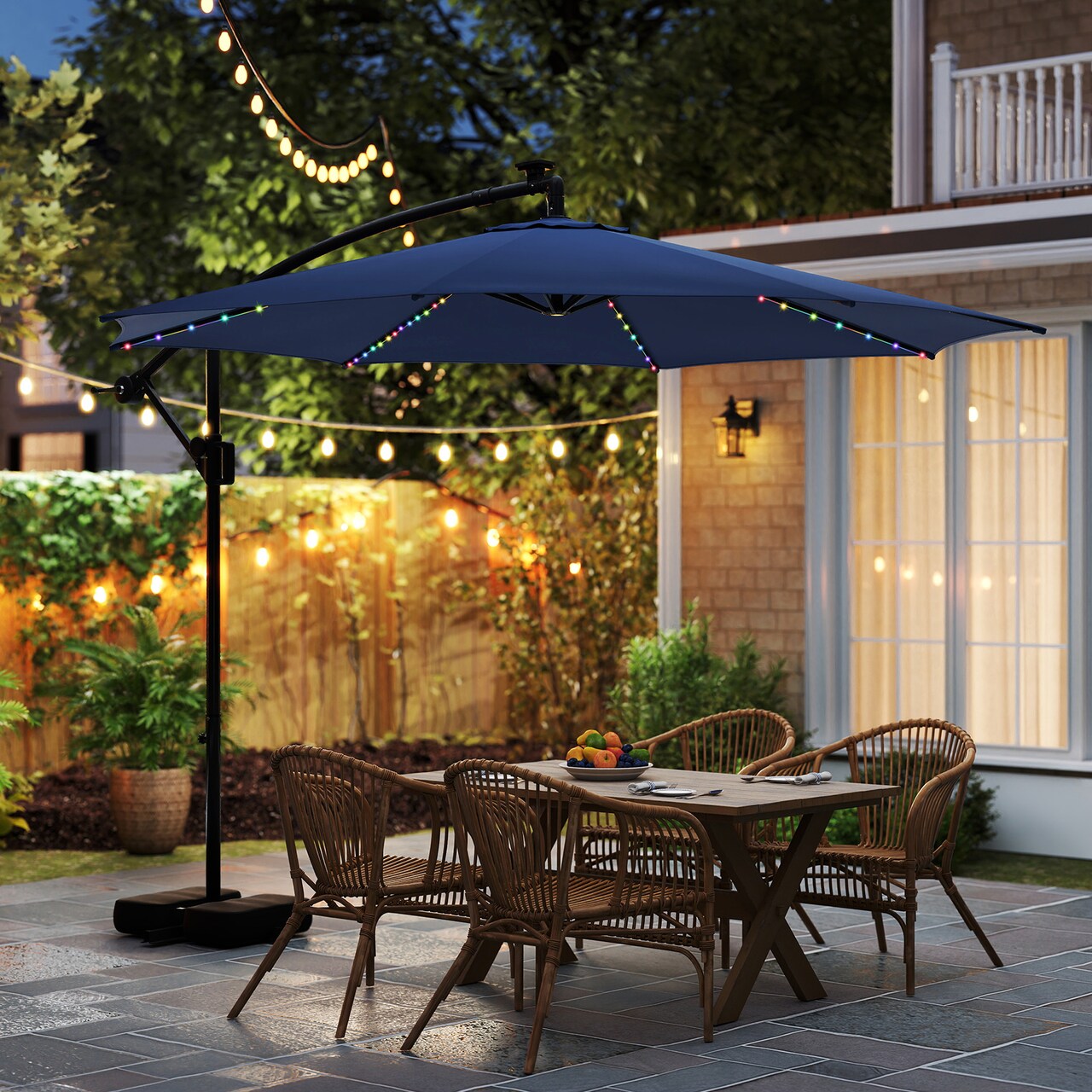 10 Feet Navy Offset Patio Umbrella with LED Lights and Double Canopy and 360° Rotation for Outdoor Shade
